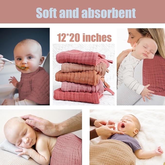 Muslin Burp Cloths 5 Pack Large 20x12 inches Baby Burping Cloths, 6-Layer 100% - Image 6