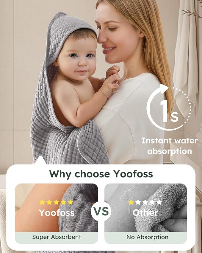 Yoofoss Hooded Baby Bath Towels 2 Pack 100% Muslin Organic Cotton - Image 3