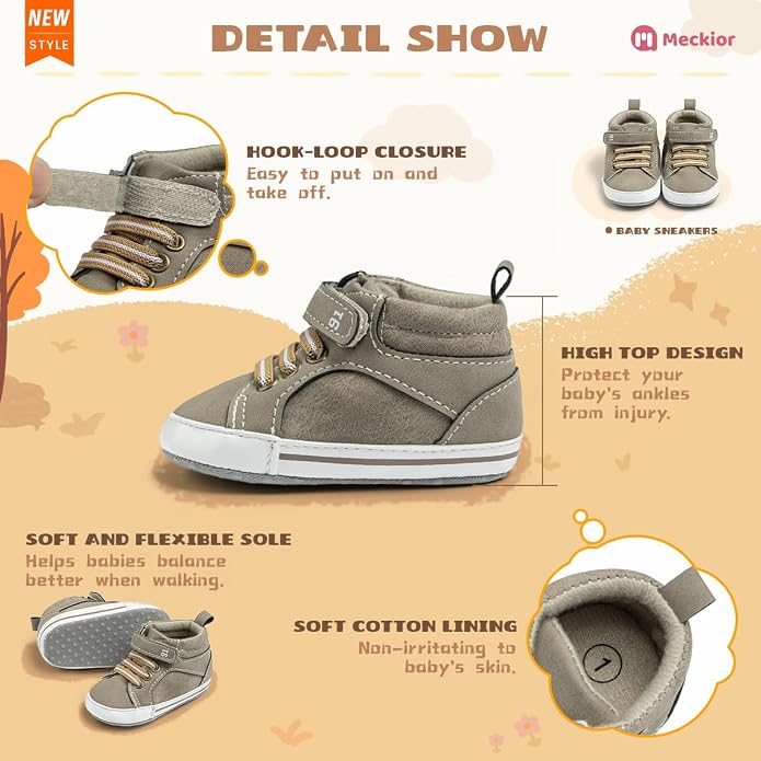 Meckior Toddler Baby Boys Girls High Tops Ankle Sneakers Soft Anti-Slip Sole PU - Image 4