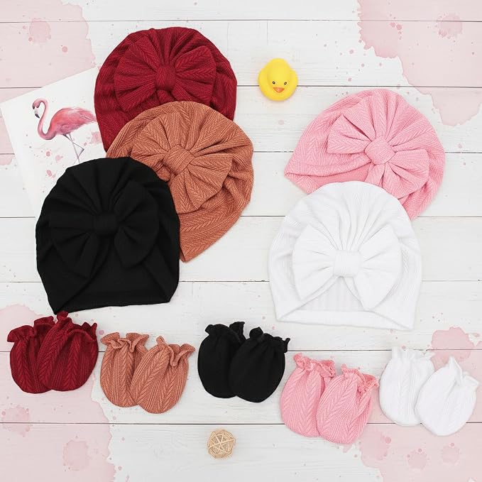 BQUBO Baby Turban Hats and Mittens Set Newborn Infant Hospital Hats Caps - Image 8
