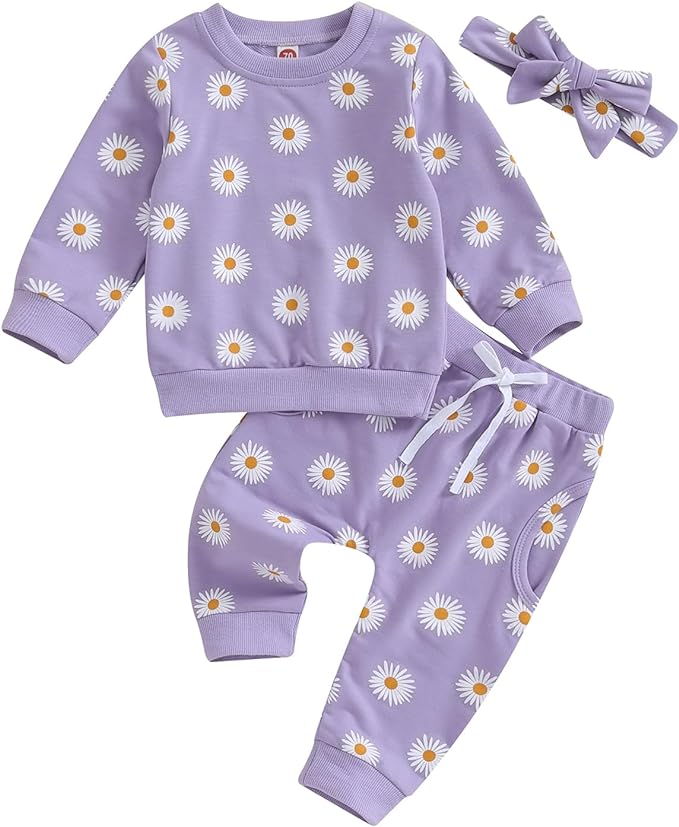 3Pcs Baby Girl Outfits Daisy Sweatshirt + Pants + Headband Infant Fall Winter Clothes