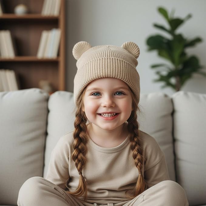 Hadetoto Cotton Baby Beanie Winter Knitted Hat, 2 Pack | Bear Ear Design - Image 3