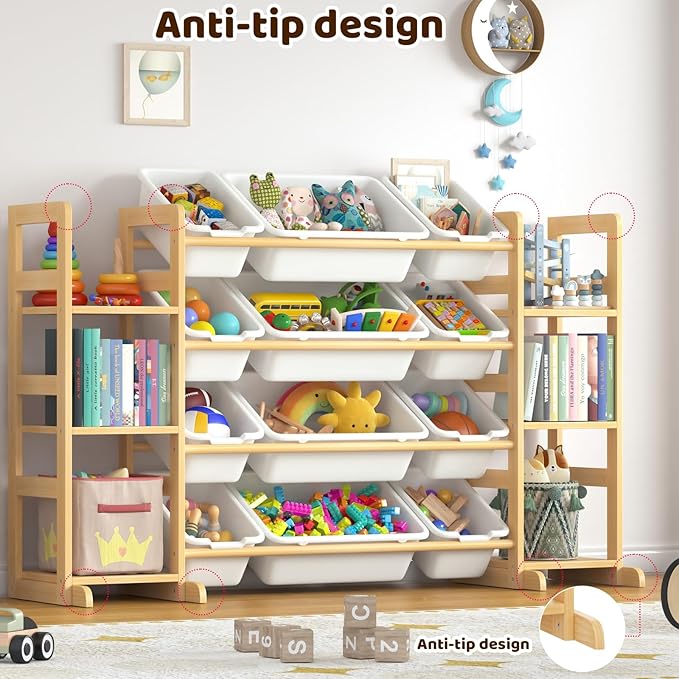 Large Toy Storage Organizer Kids Toy Organizer and Bookshelf Combo with 12 Bins and 6 Shelves Toy Organization Box Toy Shelf for Playroom, Bedroom, Nursery