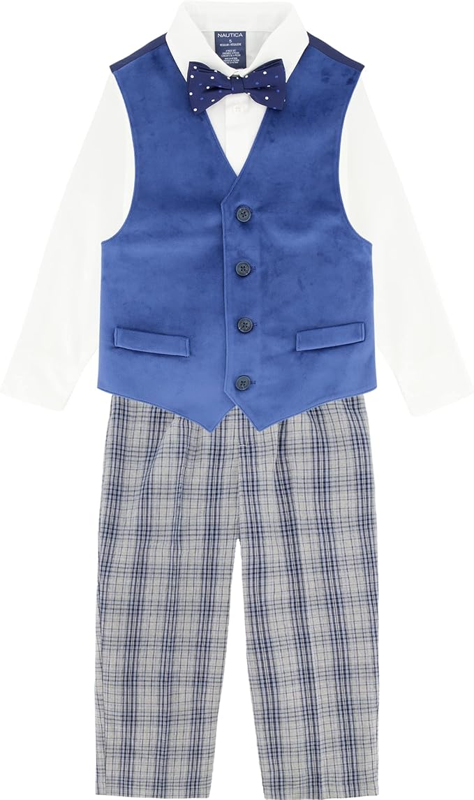 Nautica Boys' 4-Piece Formal Suit Set with Vest, Pants, Collared Dress Shirt, and Tie