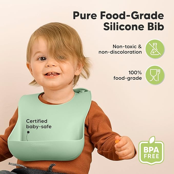 KeaBabies 2-Pack Silicone Baby Bibs for Eating - Sturdy Food-Grade Silicone Bibs for Babies Girl, Boy, Large Food Catcher, Clean & Put On Easily, Waterproof Toddler Feeding Essentials (Mellow)