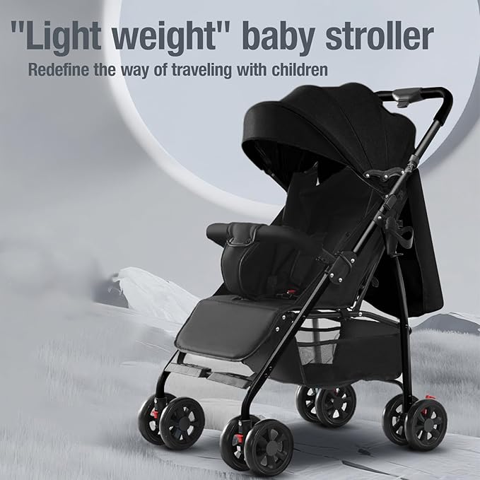 Lightweight Travel Stroller at Only 4.6 kg, Folding Compact Pushchair with Multi-Position Recline, Babies and Toddlers Pram from Birth, Baby Buggy with Cup Holder, Canopy (A8 Black)