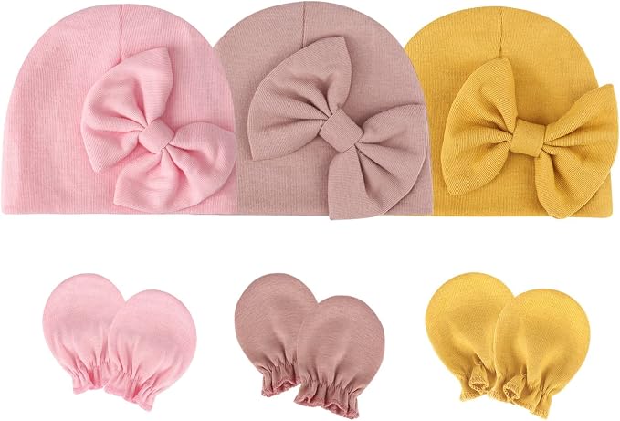 BQUBO Newborn Girls Hats Baby Hat and Mittens Set Infant Caps Bow Hospital - Image 7