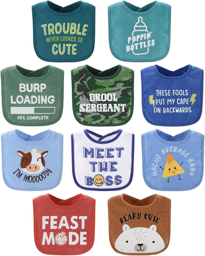 The Peanutshell Baby Boy Terry Bibs Set of 10-100% Cotton, Absorbent Baby Bibs by ThePeanutshell