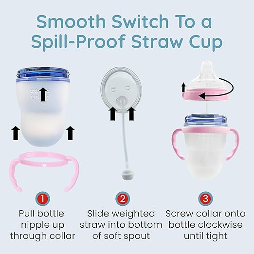 Botabee Pink Soft Spout - Transition Sippy Cup Kit for Comotomo 5 & 8 Oz Bottles - Conversion Kit Fits 5 Ounce & 8 Ounce Bottles - Baby Bottle Nipple with Weighted Straw & Bottle Handles (Pack of 2)