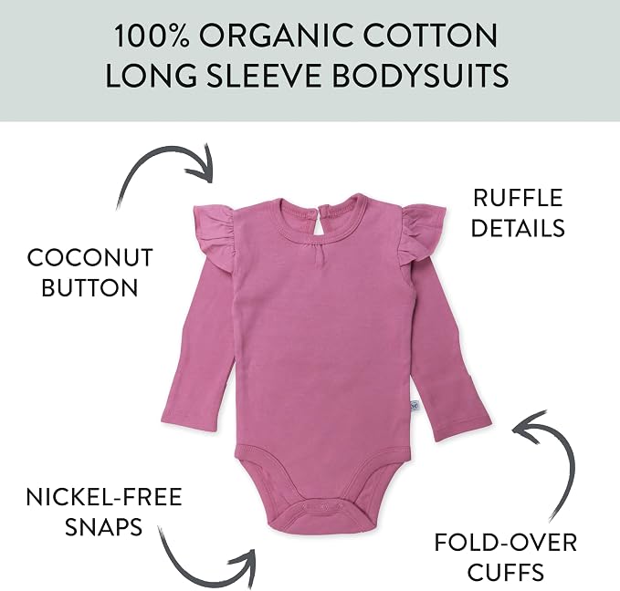 HonestBaby Baby Girls' 5-pack Long Sleeve Ruffle Shoulder Bodysuits 100% - Image 3