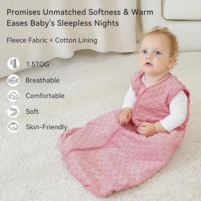 Fleece Baby Sleep Sack 18-24 Months with Plush Dots 1.5 Tog Baby Wearable Blanket with 2-Way Zipper Warm Sleeping Sack for Toddler Infant - XLarge, Pink