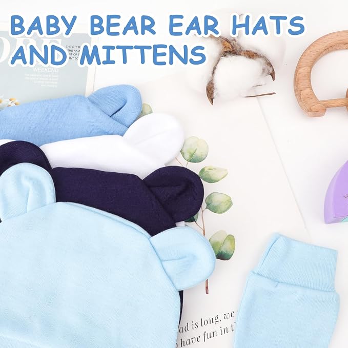 BQUBO Newborn Baby Bear Ears Hats and Mittens Sets Preemie Cotton Caps Baby Boy - Image 6