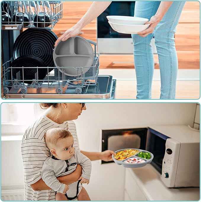 Silikong Suction Plate for Toddlers | BPA Free, 100% Food-Grade Silicone | Microwave, Dishwasher and Oven Safe | Stay Put Divided Baby Feeding Plates (3, Pink/Purple/Grey)