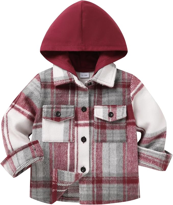 YOUNGER STAR Toddler Kids Boys Girls Flannel Hooded Plaid Shirt Button Baby Red by YOUNGER+STAR