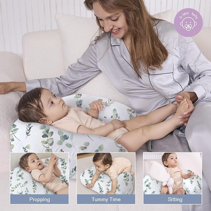 Little Grape Land Nursing Pillow,Upgraded Breast Feeding Pillow for Mom,Breastfeeding & Bottle Feeding for 0–17 Months, Soft Machine Washable Cover with firm breathable filling,Tummy Time,Green Leaves