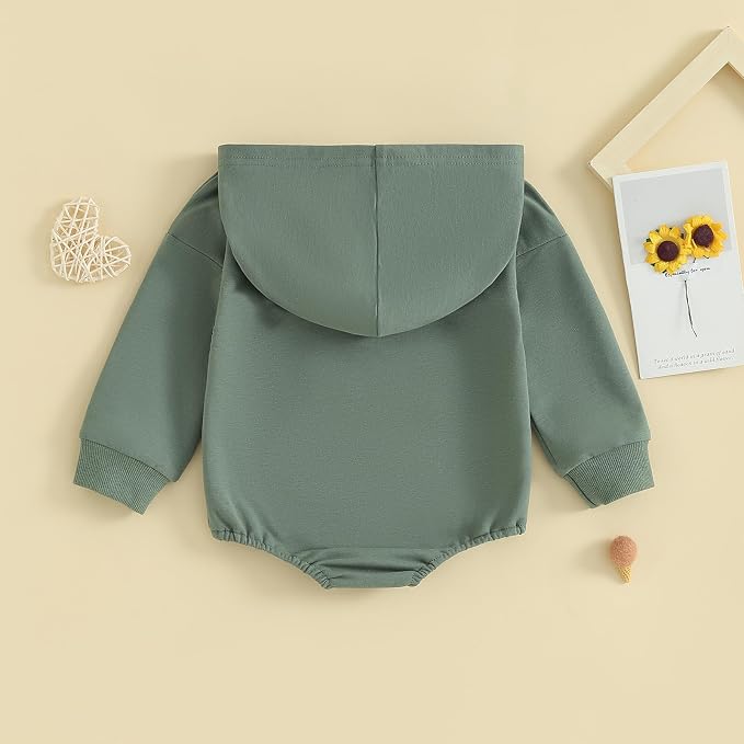 Newborn Baby Boy Girl Hooded Romper Long Sleeve Front Pocket Solid Color Hoodie - Image 4