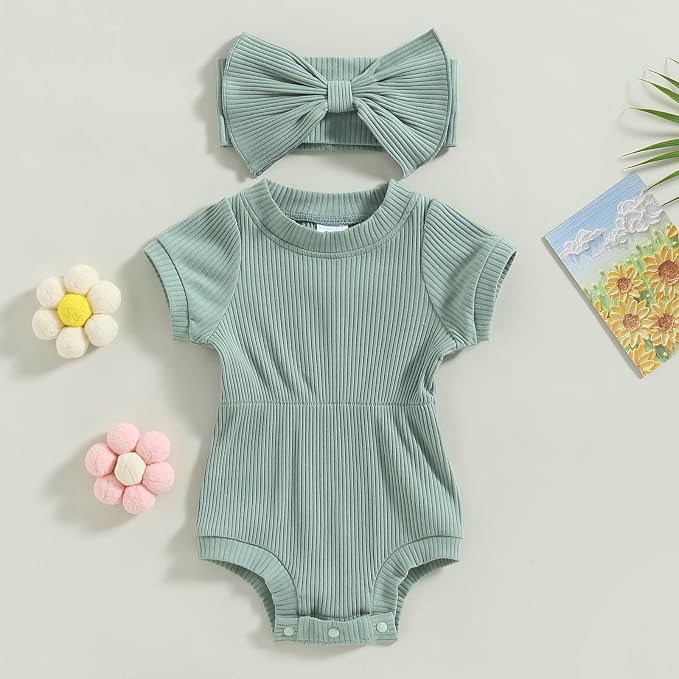 FOCUSNORM Baby Girl Summer Clothes Ribbed Short Sleeve Romper Solid Color - Image 2