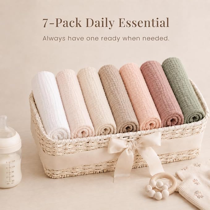 Konssy 7-Pack Muslin Baby Burp Cloths, 6-Layer 100% Cotton | Soft & Absorbent - Image 7