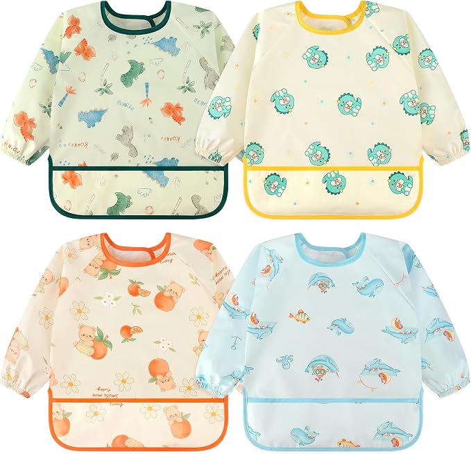 Accmor 4 Pack Long Sleeve Bibs, Baby Smock Waterproof Full Sleeved Bib by Accmor