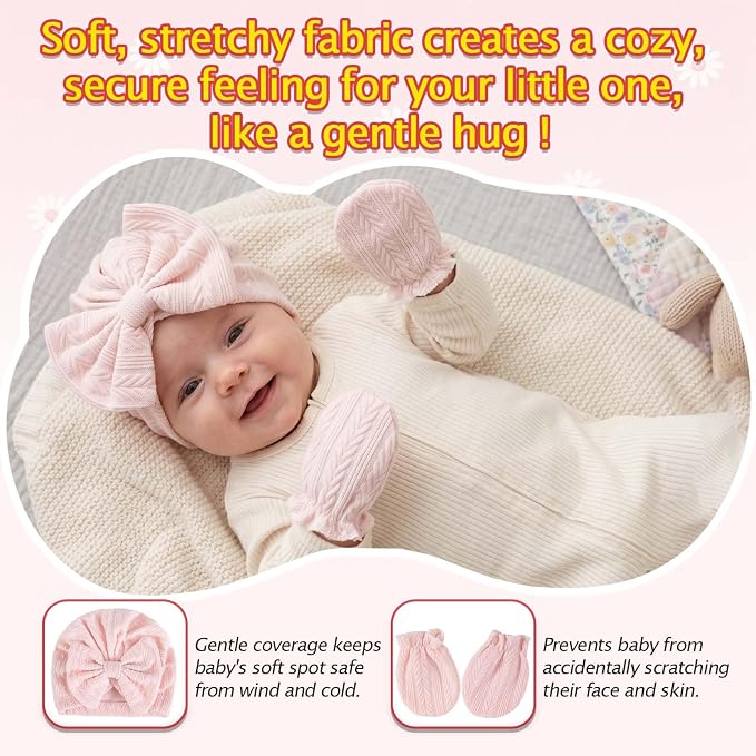 8 Sets Newborn Baby Girl Bow Hats and Mittens Turban Beanies 0-3M | Cotton - Image 3