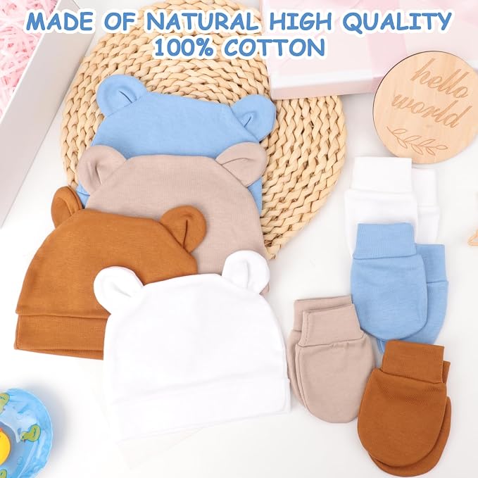 BQUBO Newborn Baby Bear Ears Hats and Mittens Sets Preemie Cotton Caps Baby Boy - Image 5