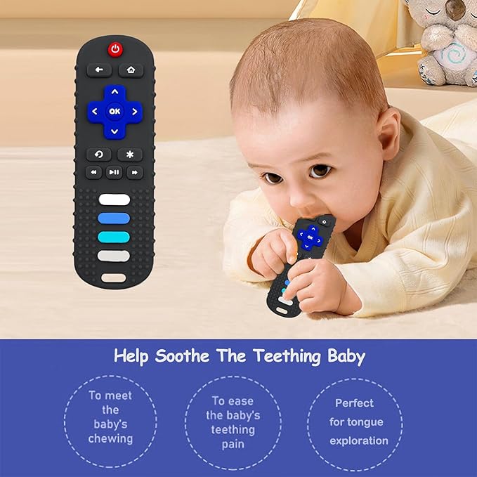Baby Teething Toys, Food Grade Silicone Teether for Babies 3 6 12 18 Months, TV Remote Shape Toddlers Chew Toys, Freezer BPA Free (Black+Red)