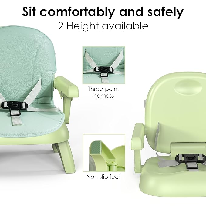 Bella’s Friends 3-in-1 Toddler Booster Seat for Dining Table and Kitchen Chair with Adjustable Double Layer Tray and Safety Straps, Foldable&Portable Baby Floor Seat with Removable Cushion, Green