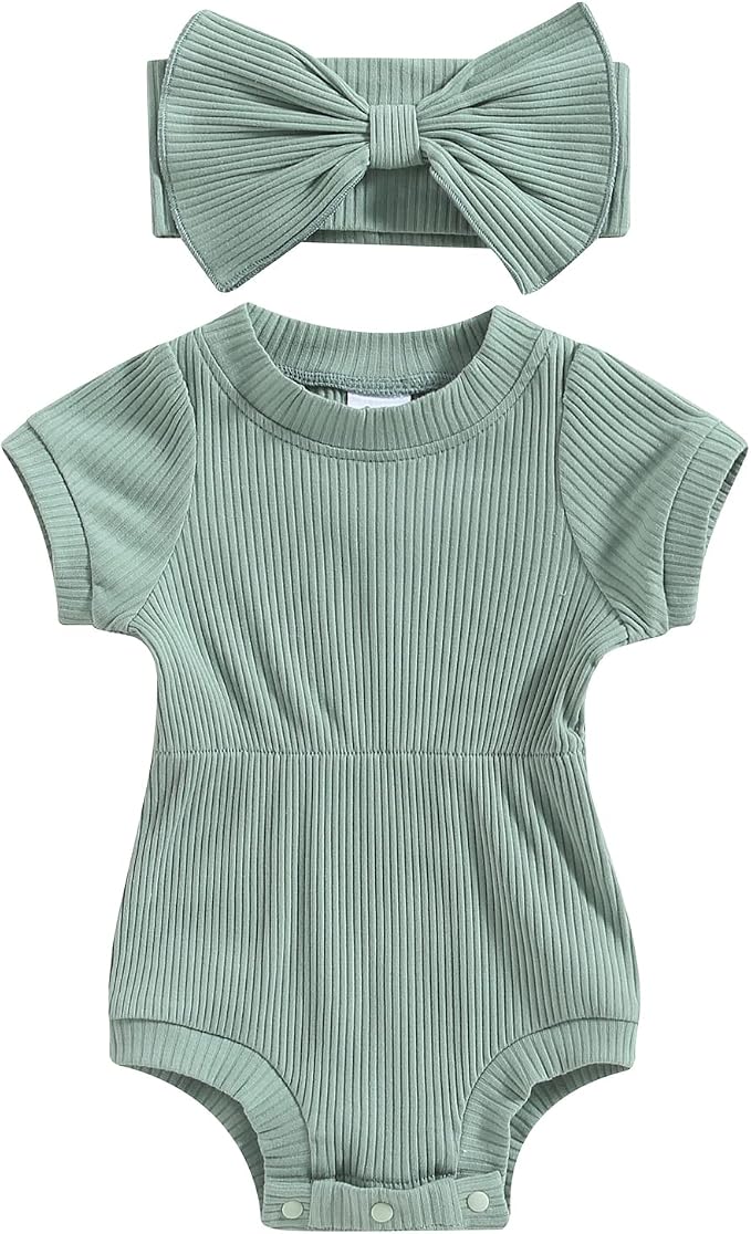 FOCUSNORM Baby Girl Summer Clothes Ribbed Short Sleeve Romper Solid Color by FOCUSNORM