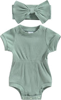 FOCUSNORM Baby Girl Summer Clothes Ribbed Short Sleeve Romper Solid Color by FOCUSNORM