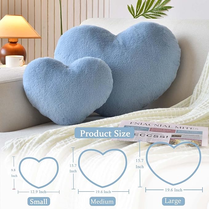 Dusty Blue Heart Pillows, Cute Heart Decorative Pillow, Heart Shaped Throw Pillows for Bed, Faux Rabbit Fur Plush Hoom Decor Pillow Cushion for Chair Sofa Living Room (Large-19.6"x15.7")