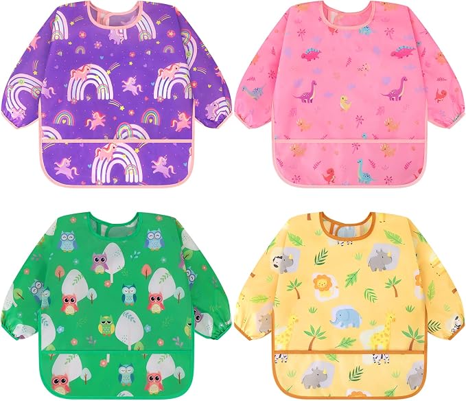Accmor 4 Pack Long Sleeve Bibs, Baby Smock Waterproof Full Sleeved Bib by Accmor
