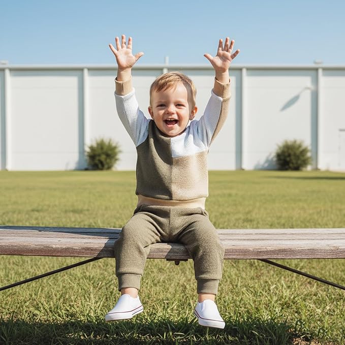 Toddler Baby Boy Fall Clothes Waffle Outfit Long Sleeve Color Blocking Sweatshirt Pullover Jogger Pant Set