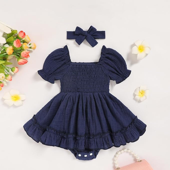 GRNSHTS Baby Girl Romper Dress, Puff Sleeve Smocked Outfit - Image 2