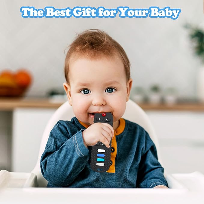 Baby Teething Toys, Food Grade Silicone Teether for Babies 3 6 12 18 Months, TV Remote Shape Toddlers Chew Toys, Freezer BPA Free (Black RC)