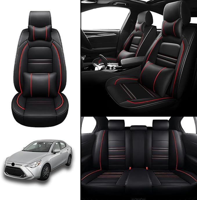 Car Seat Covers for Toyota Yaris 2007-2020 | 5-Seats Seat Covers, Waterproof Seat Protectors, Automotive Seat Covers (Full Set with Pillow,Black&Red Line)