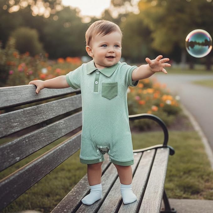 FOCUSNORM Newborn Baby Boy Summer Clothes Short Sleeve Lapel Jumpsuit Collar - Image 2