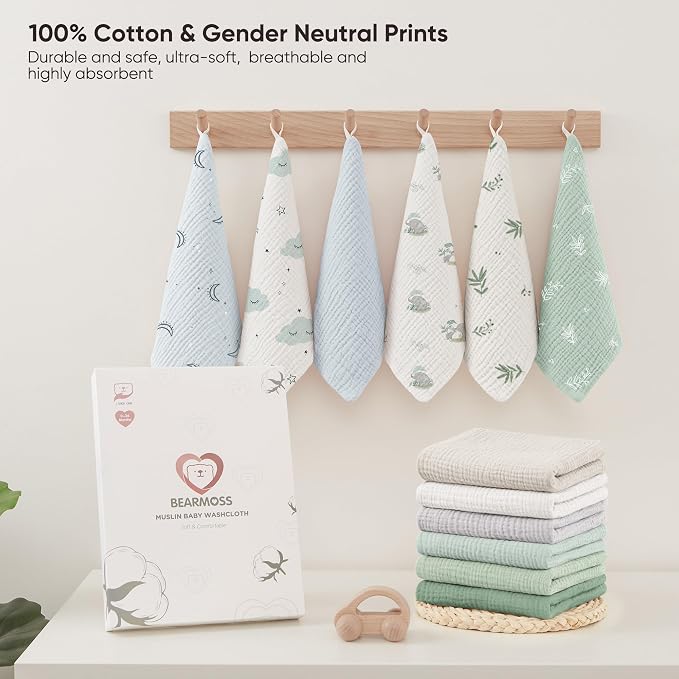 Bearmoss 12 Pack Baby Muslin Washcloths, 100% Cotton 10"x10" Face Towels - Image 7