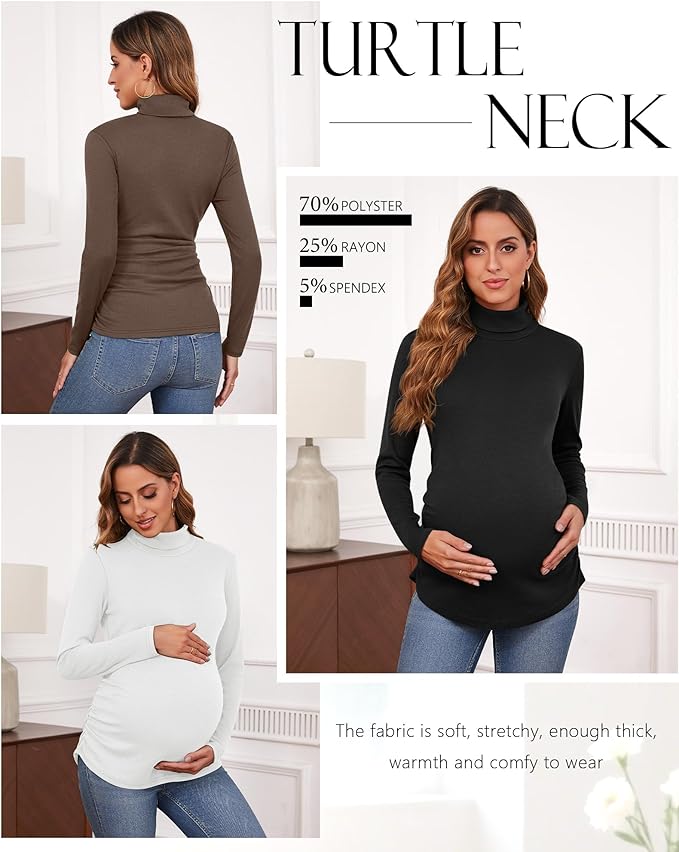 Ficerd 3 Pack Women's Maternity Shirts, Turtleneck Long Sleeve Pregnancy Tops Casual Side Ruched Maternity Tees Mama Clothes