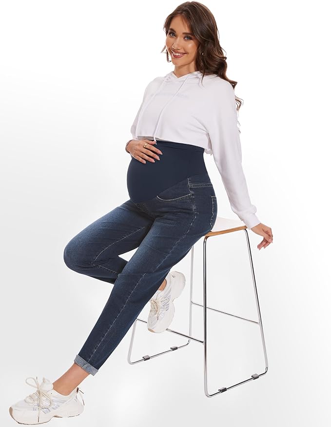 POSHGLAM Women's Maternity Jeans Over Belly Comfy Stretch 28'' Boyfriend Jeans Loose Pregnancy Pants, S-XXL
