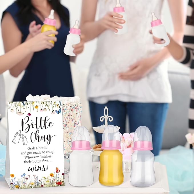 TrelaCo Bottle Chug Baby Shower Game Sign 20 Pcs Baby Bottles Shower Favor Plastic Greenery Flowers Bear Elephant Butterfly Gift Set for Gender Reveal Party (Wildflower, Pink)
