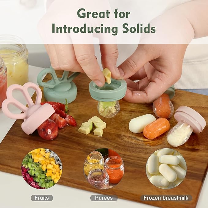 Bessentials Carrot Baby Fresh Fruit Food Feeder & 2 Pack Silicone Mesh Feeders | Safe Infant Self-Feeding|Includes 3 Sizes of Food Pouches |Suitable for Baby 4M+|BPA-Free (Pink & Grass Green)