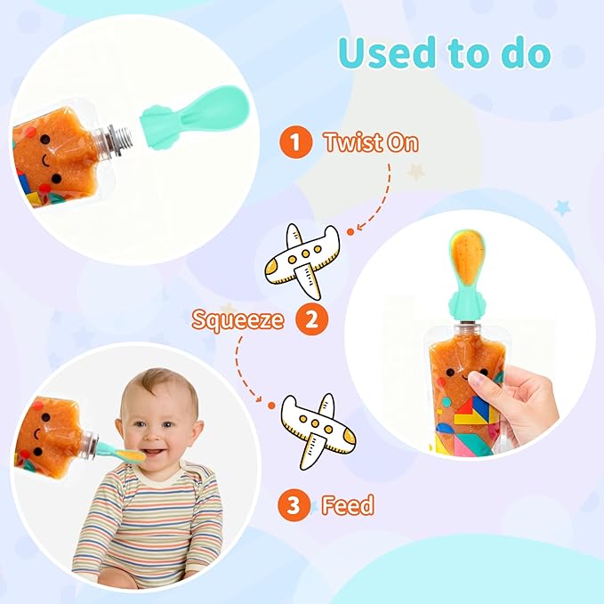 Universal Baby Food Pouch Spoon Attachment - 10 Pack, Silicone Baby Spoons for Pouches, Travel-Friendly Baby Food Squeeze Pouch Spoon