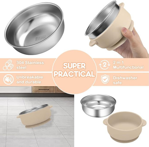 4 Pack Stainless Steel Baby Bowls with Removable Non-Slip Silicone Suction Shell, Anti Scald Food Container for Baby Food Feeding-Skyblue/Gray/Red/Cream