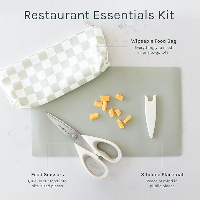 Yeah Baby Goods Toddler Restaurant Essentials Kit – Check Baby Feeding Set w/Food Scissors, Silicone Placemat & Wipeable Zipper Tote
