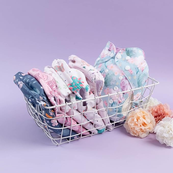 babygoal Reusable Cloth Diapers 6 Pack+6pcs Rayon from Bamboo Inserts+Wet Bag, One Size Adjustable Washable Pocket Nappy Covers for Baby Girls and Boys 6FG38