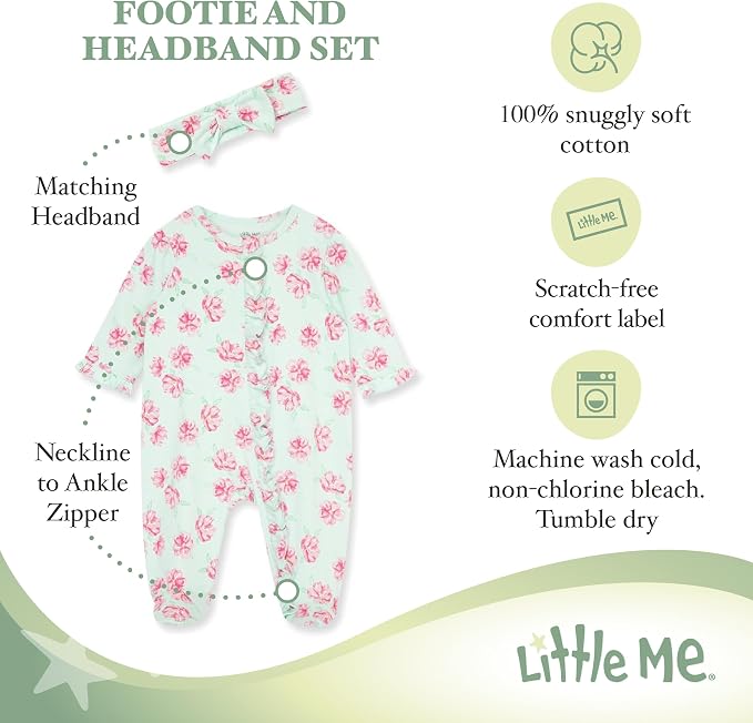 Little Me Clothes for Baby Girls 100% Cotton 2Pc Zipper Closure Footie and - Image 2