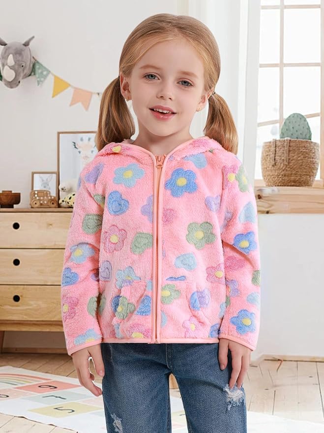 Toddler Baby Girl Fleece Jackets Fall Clothes Hooded Zip Fuzzy Coats - Image 3