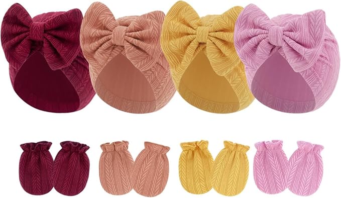 4 Pcs Newborn Hats Mittens Set Infant Cap Bow Hospital Beanie Preemie Hat by Unknown