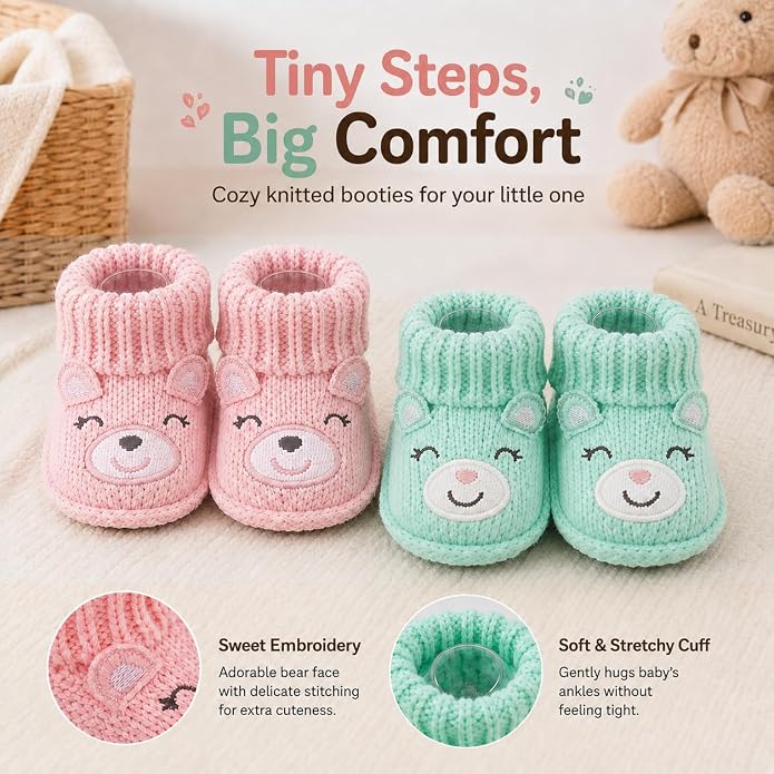 2 Pairs Baby Booties Newborn First Walkers Cozy Shoes Warm Knit Soft Booties - Image 6