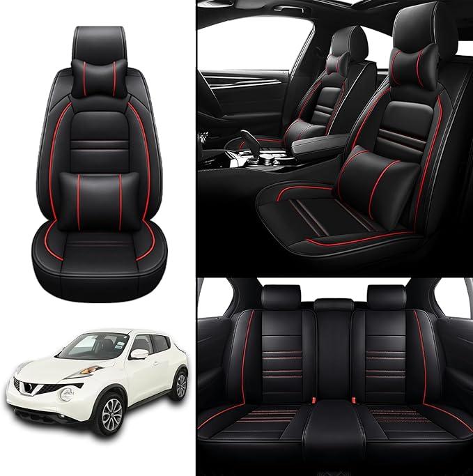Car Seat Covers for Nissan Car Juke 2011-2017 | 5-Seats Seat Covers, Waterproof Seat Protectors, Automotive Seat Covers (Full Set with Pillow,Black&Red Line)